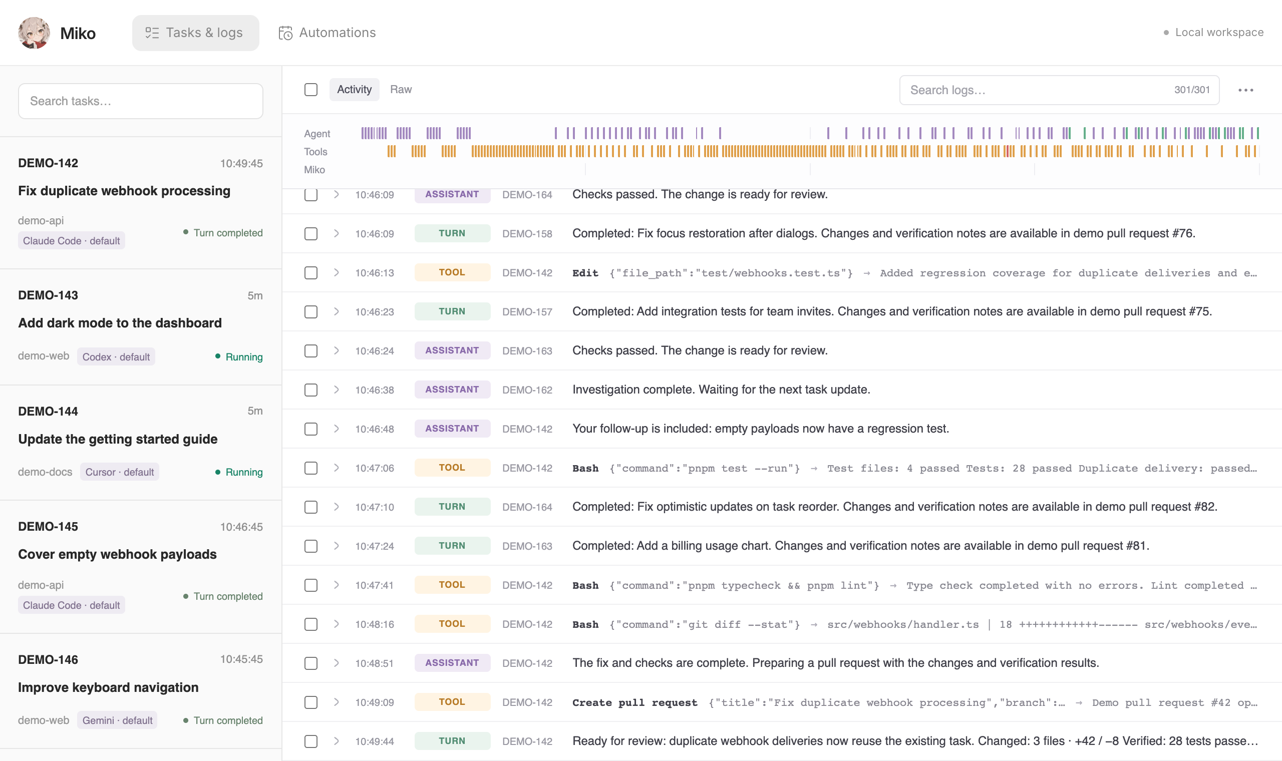 Miko board with fictional demo data. Tasks and logs shows the task list, activity timeline, tool calls, and completed agent turns.