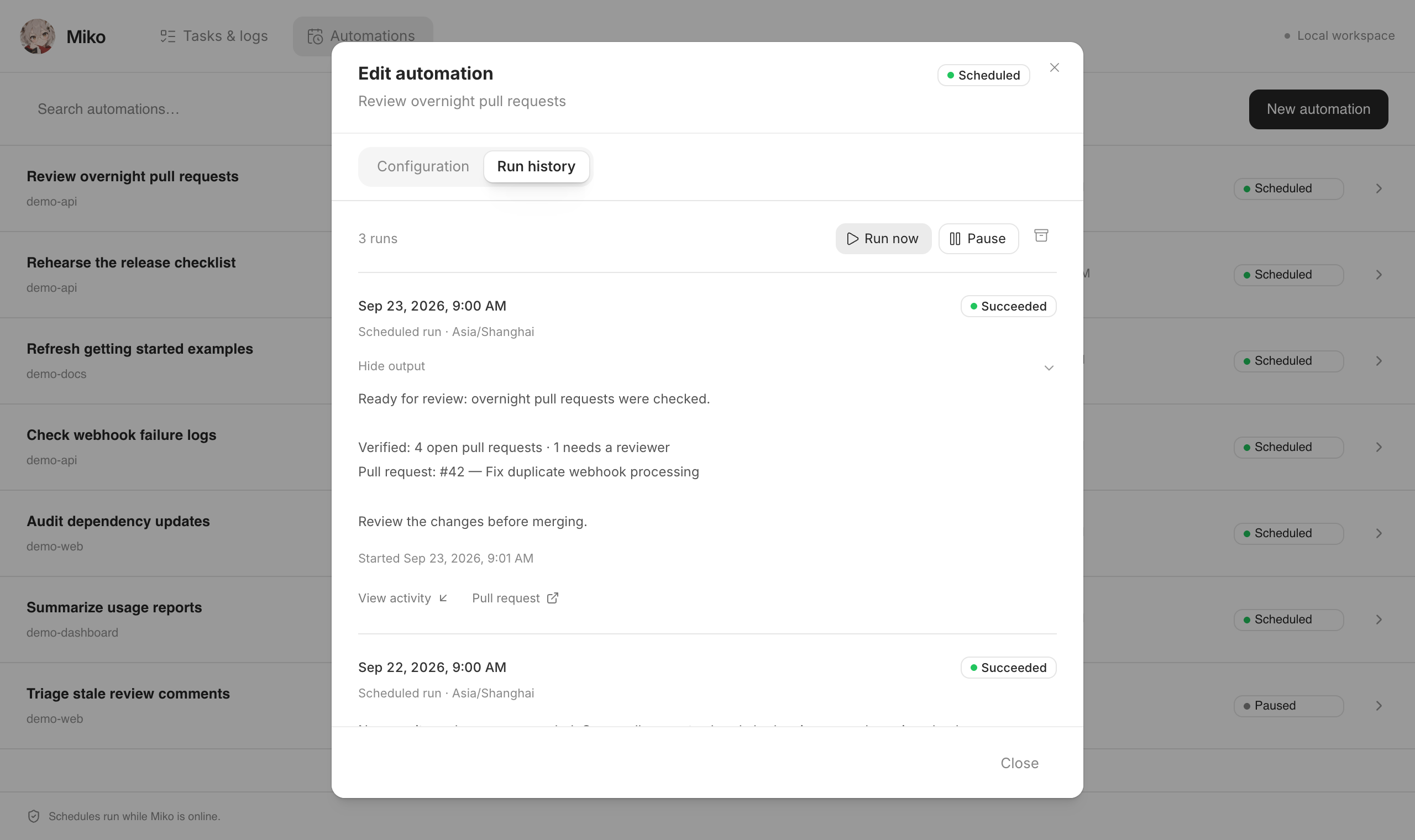 Run history for a fictional automation, with a succeeded scheduled run, its review notes, and a pull request link.