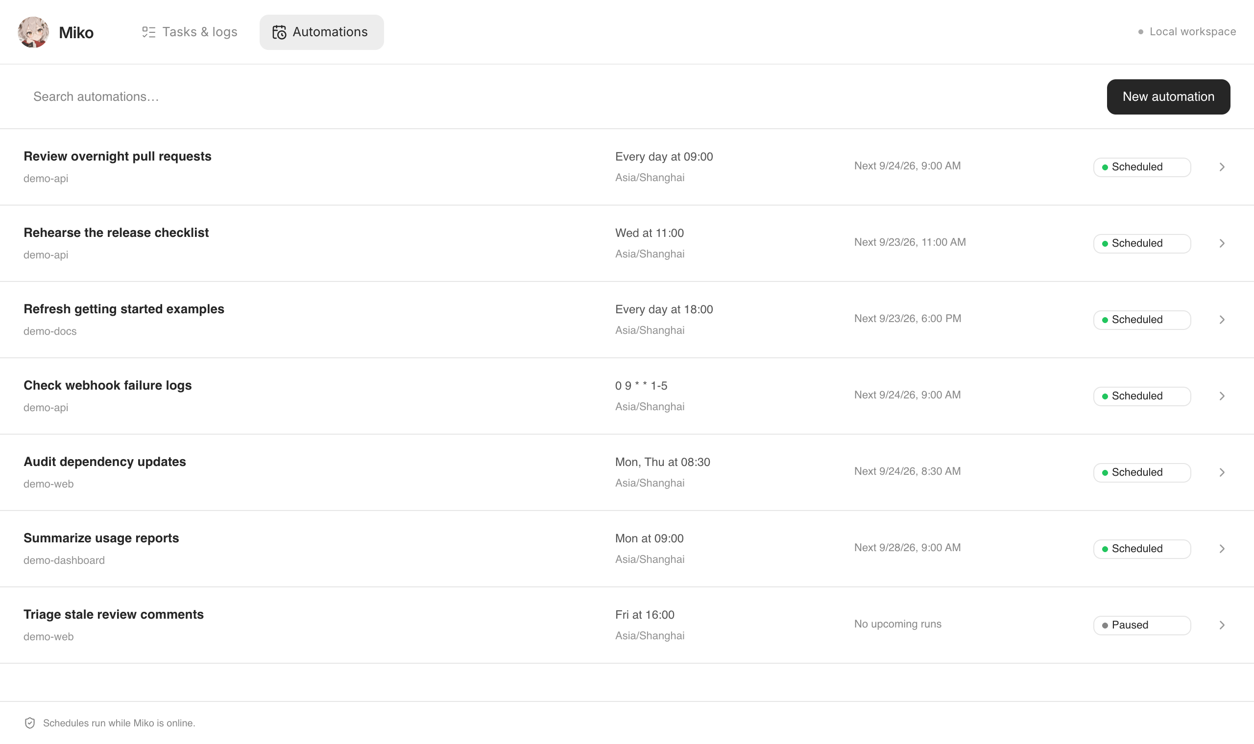Miko board Automations page with fictional daily, weekly, and cron schedules across demo repositories.