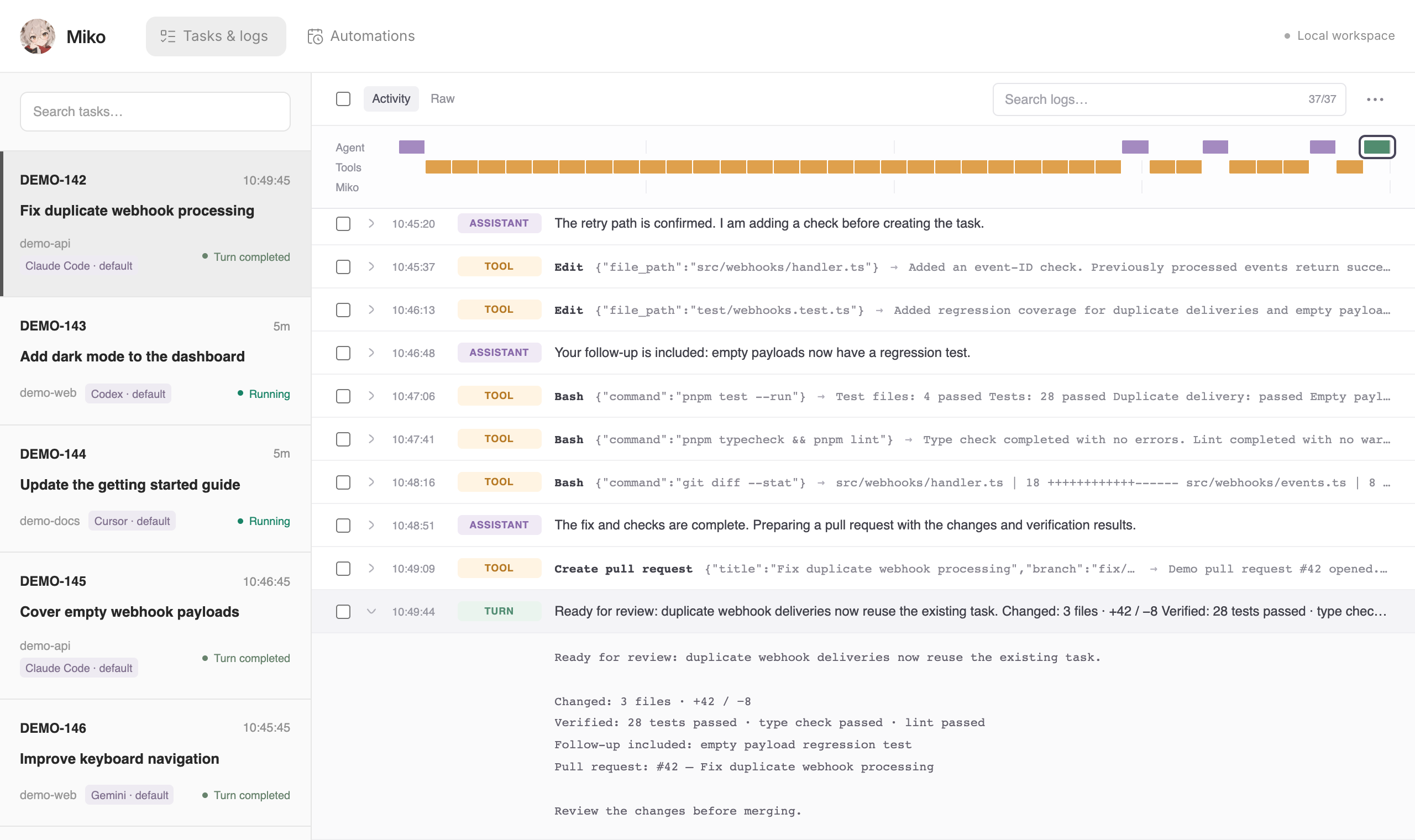 The fictional demo task selected on Tasks and logs, with its completion result expanded, passed checks, and the updated pull request.